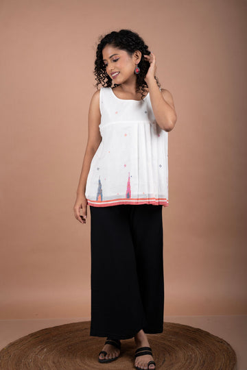 Minimalistic Sleeveless White Jamdani Cotton Top with Temple Border